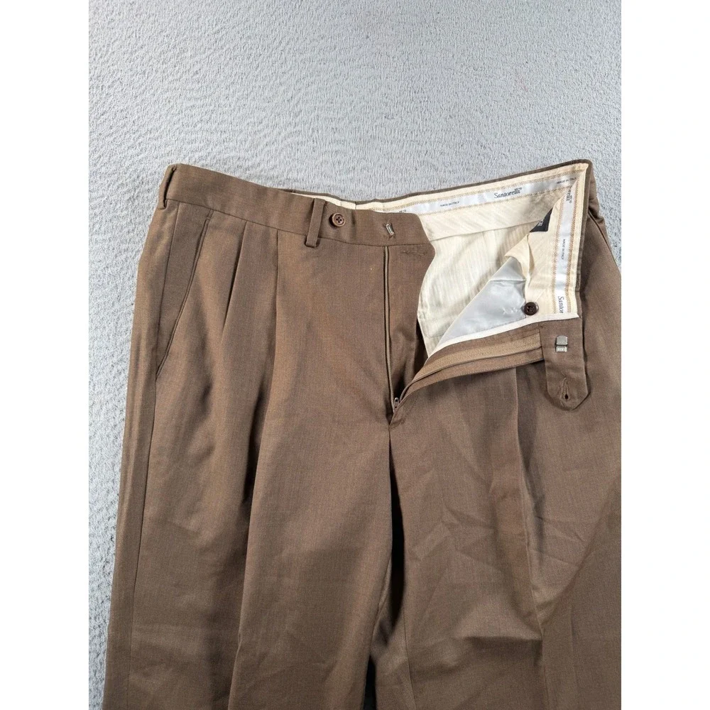 Santorelli Como 2 Dress Pants Luxury Serge Mens 34x28 Brown Pleated Wool Italy